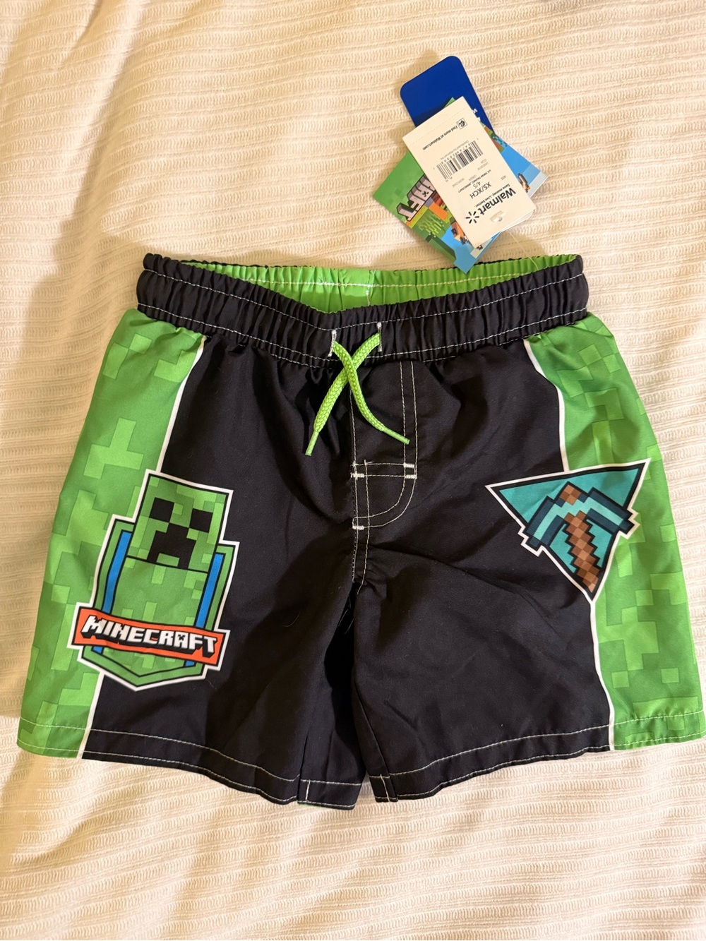Minecraft Kids Black & Green Swim Shorts with Creeper and Pickaxe Graphics